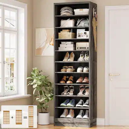 Front. Aheaplus - 79.5'' Tall 10-Tier Freestanding Wooden Shoe Rack Tower with 2 Hooks - Black Oak.