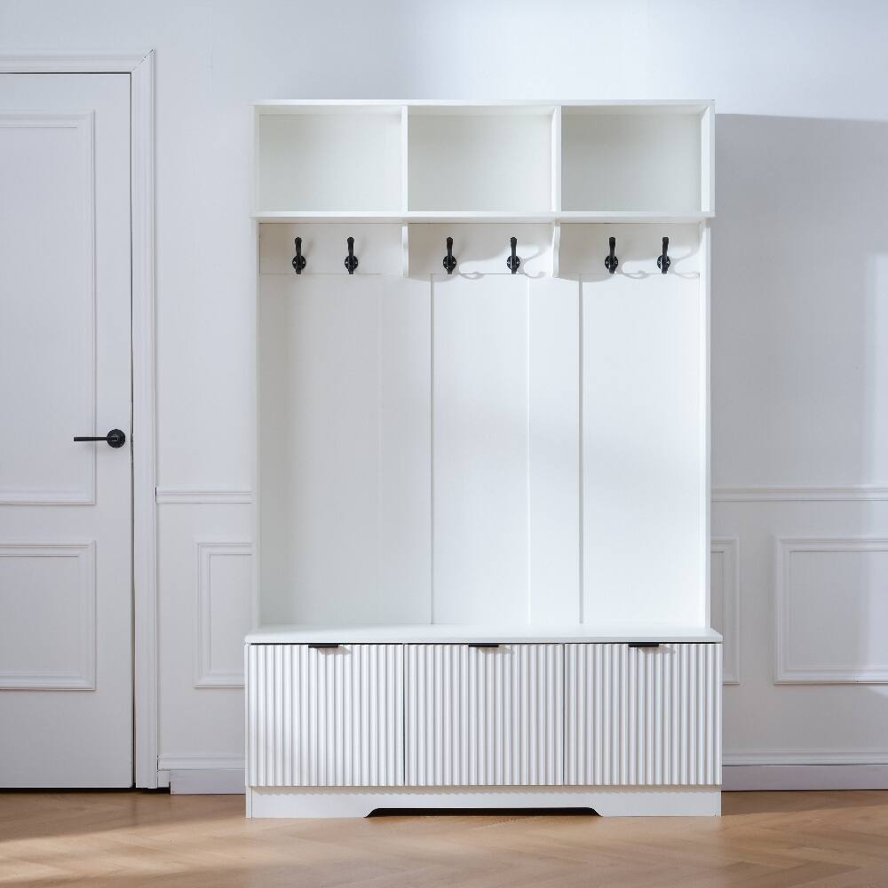 Alt View 1. Loheer - Loheer 5-in-1 hall tree with bench and white entryway shoe storage cabinet, 49.6 inch hallway organizer - White.