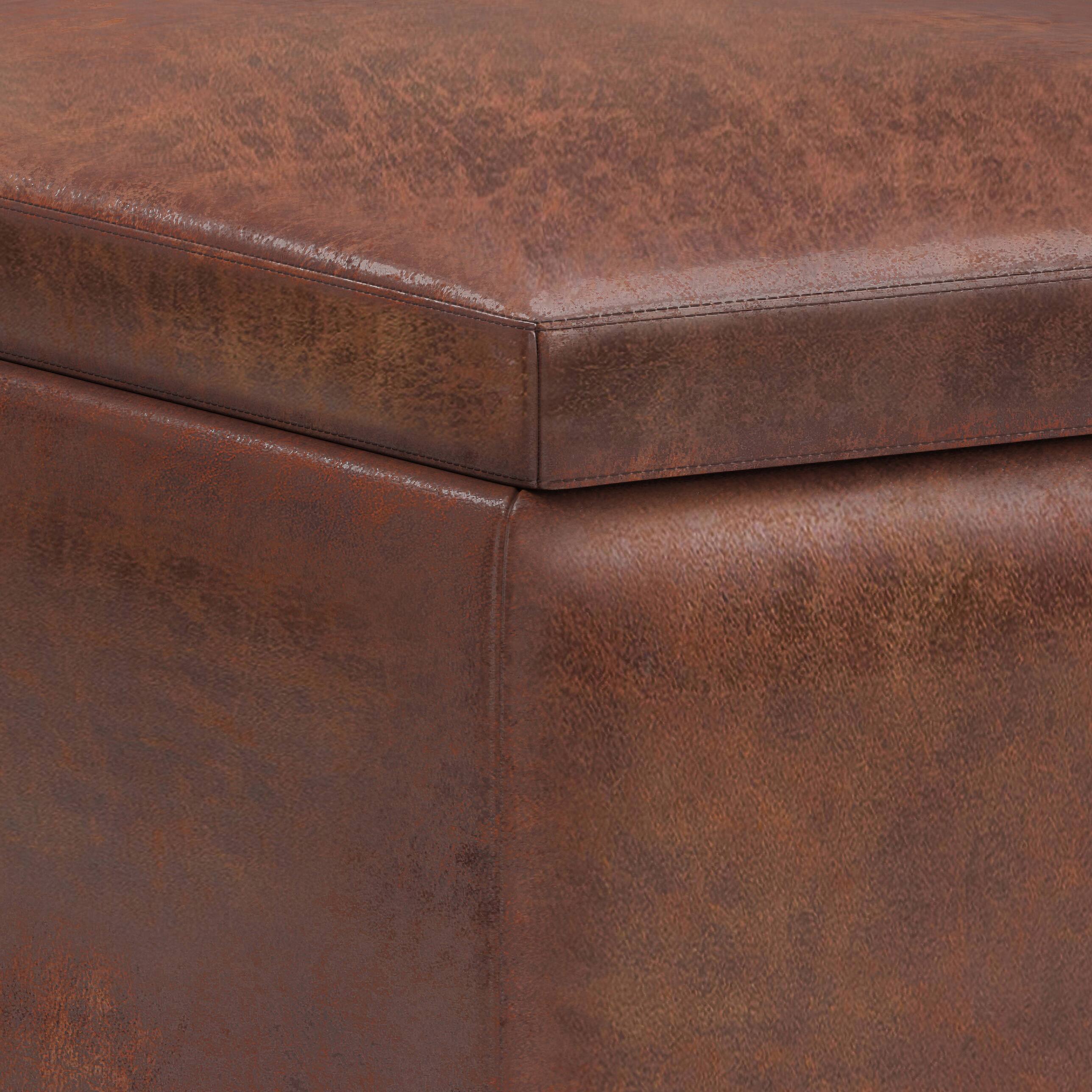 Alt View 1. Simpli Home - Owen Tray Top 34 inch Wide Solid Wood Storage Ottoman, Distressed Pecan Brown - Distressed Pecan Brown.