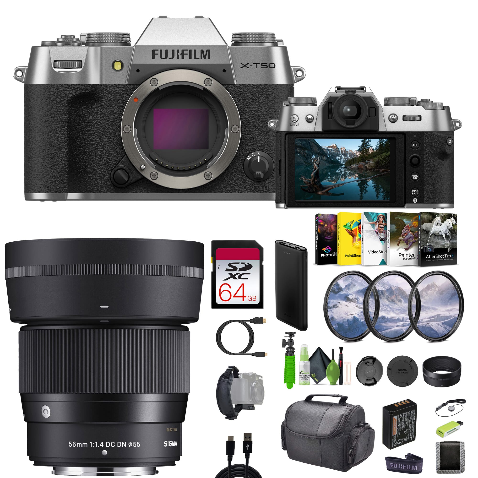Fujifilm - X-T50 Mirrorless Camera + Sigma 56mm Contemporary Lens+Bag +Tripod+More - Silver