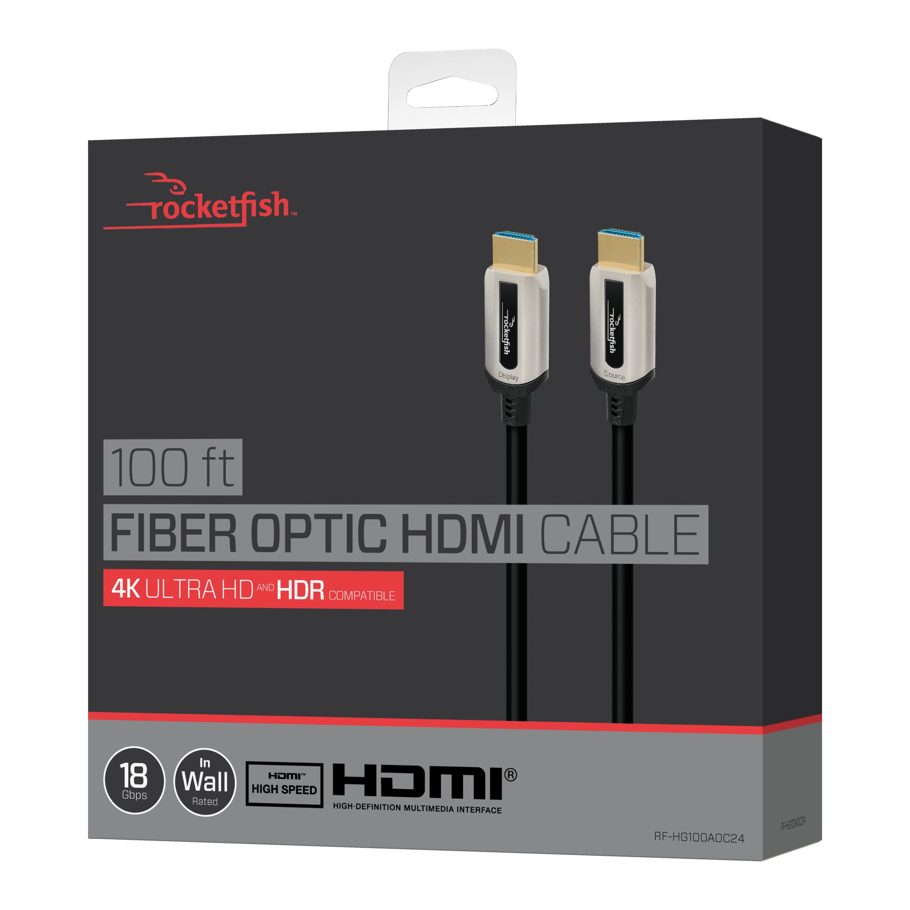 Rocketfish. Display 100 ft FIBER OPTIC HDMI CABLE 4K ULTRA HD AND HDR COMPATIBLE 18 Gbps In Wall Rated HOMP R HIGH SPEED HDMI HIGH-DEFINITION MULTIMEDIA INTERFACE FE RF-HG100A0C24