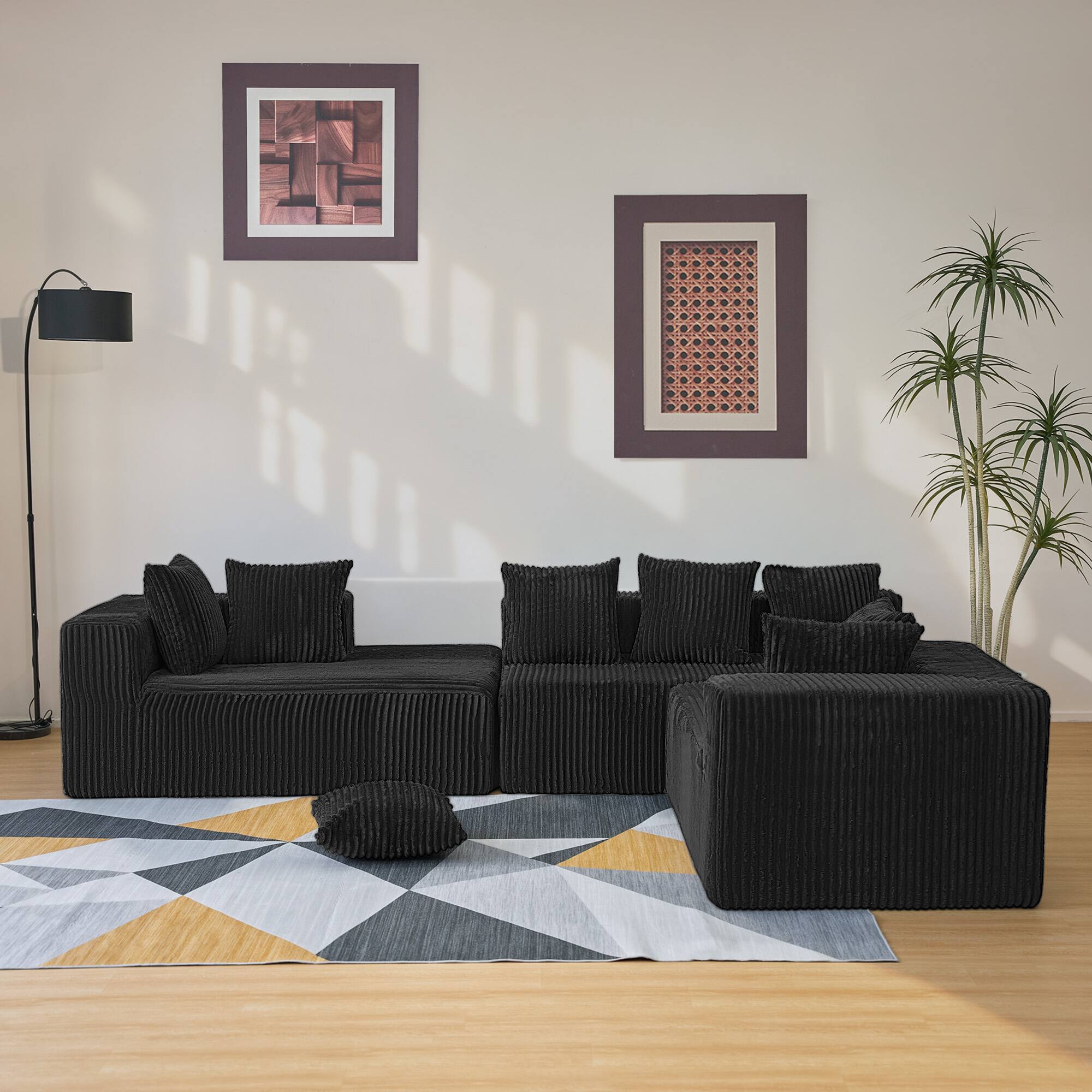 Alt View 3. Meqiodas - 130" Boneless Couch, Cloud Couch Sectional, Corduroy Sofa for Living Room, U Shaped Modular Sofa, No Assembly - Black.