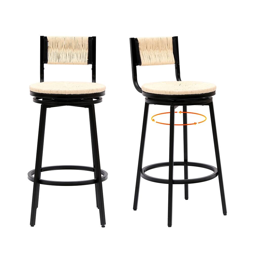 Back. Loheer - Loheer Creamy White Bar Stools Swivel Counter Chairs Set of 2 Hand Woven Paper Rope Metal Frame Rustic Kitchen Stools - Creamy White.