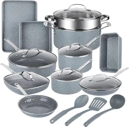 Front. Granitestone - Granitestone Ceraluxe Grey 20 Piece Nonstick Ceramic Cookware & Bakeware Set - Grey.