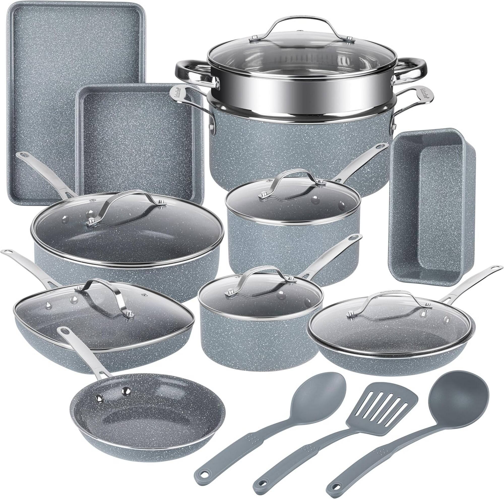 Front. Granitestone - Granitestone Ceraluxe Grey 20 Piece Nonstick Ceramic Cookware & Bakeware Set - Grey.