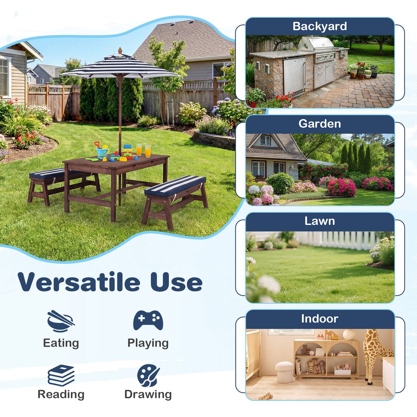 Backyard Garden Lawn Indoor  
Versatile Use  
Eating  
Playing  
Reading  
Drawing