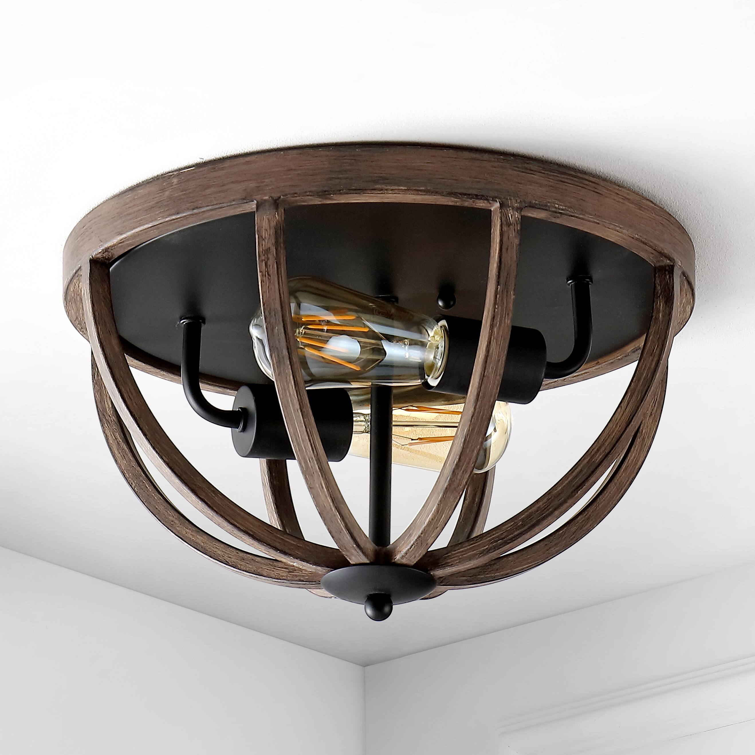 Alt View 5. Jonathan Y - Darlene 13" 2-Light Iron Rustic Farmhouse LED Flush Mount, Brown - Brown.