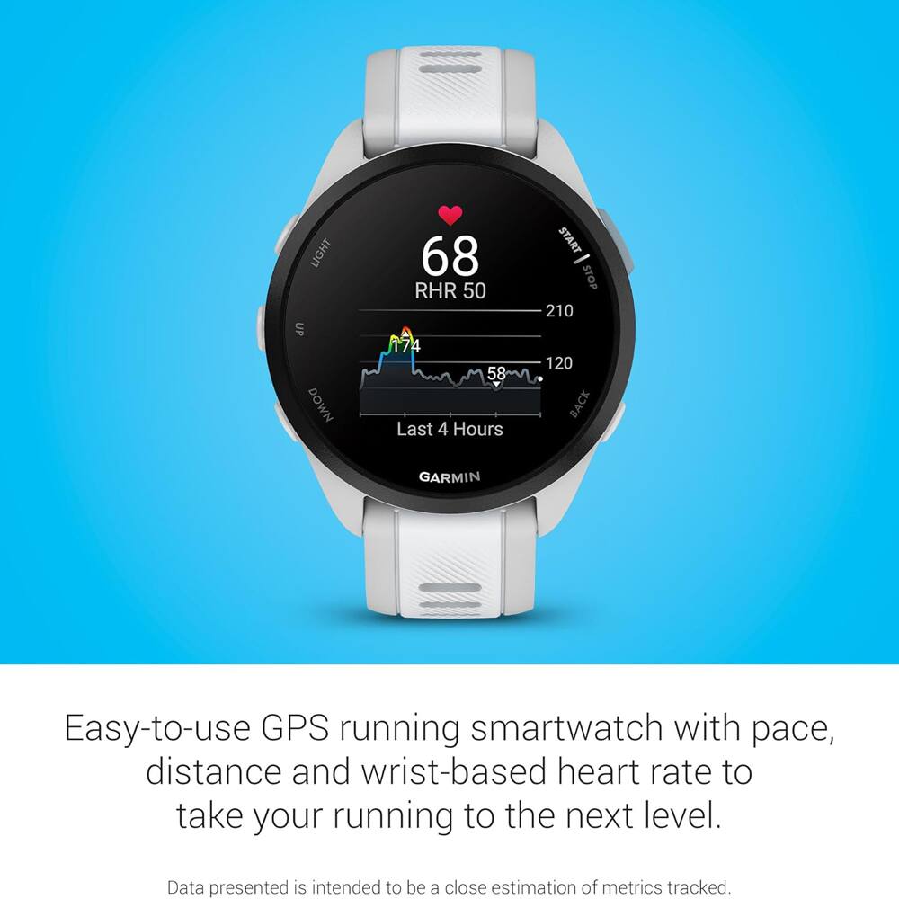 LIGHT UP DOWN  
68 RHR 50 174 58 Last 4 Hours GARMIN  
START STOP 210 120 BACK  

Easy-to-use GPS running smartwatch with pace, distance and wrist-based heart rate to take your running to the next level.  
Data presented is intended to be a close estimation of metrics tracked.