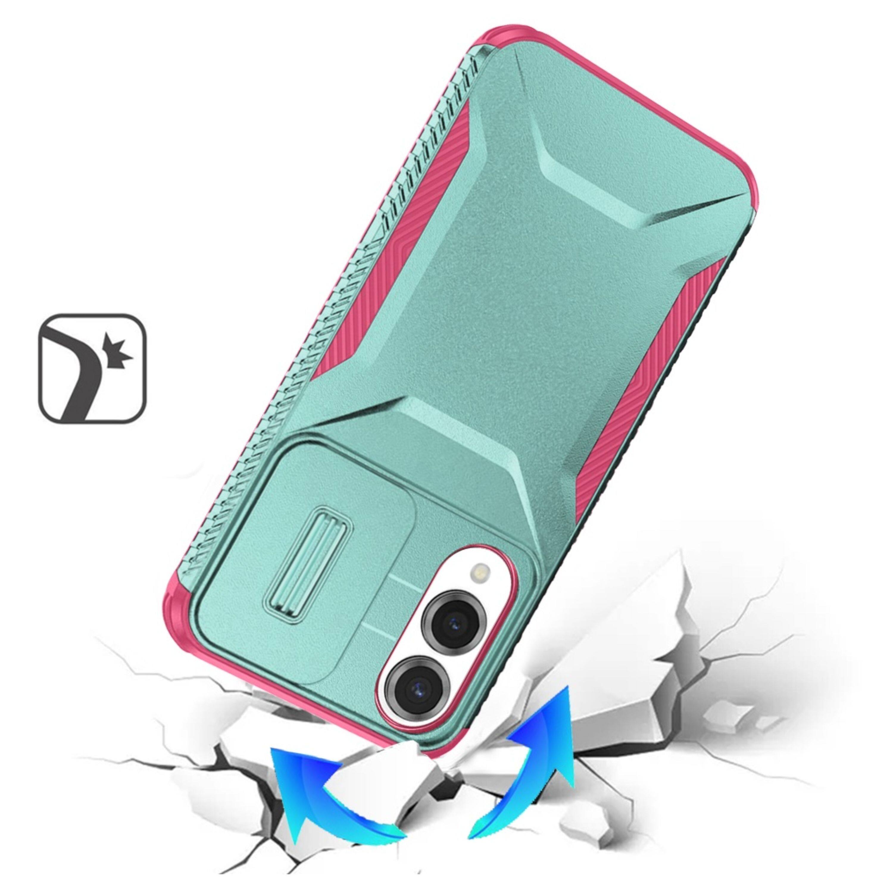 Left. Kitcheniva - Rugged Side Grip Case With Sliding Lens Cover & Tempered Glass For Samsung S25 Edge Teal/Hot Pink - Teal/ Hot Pink.