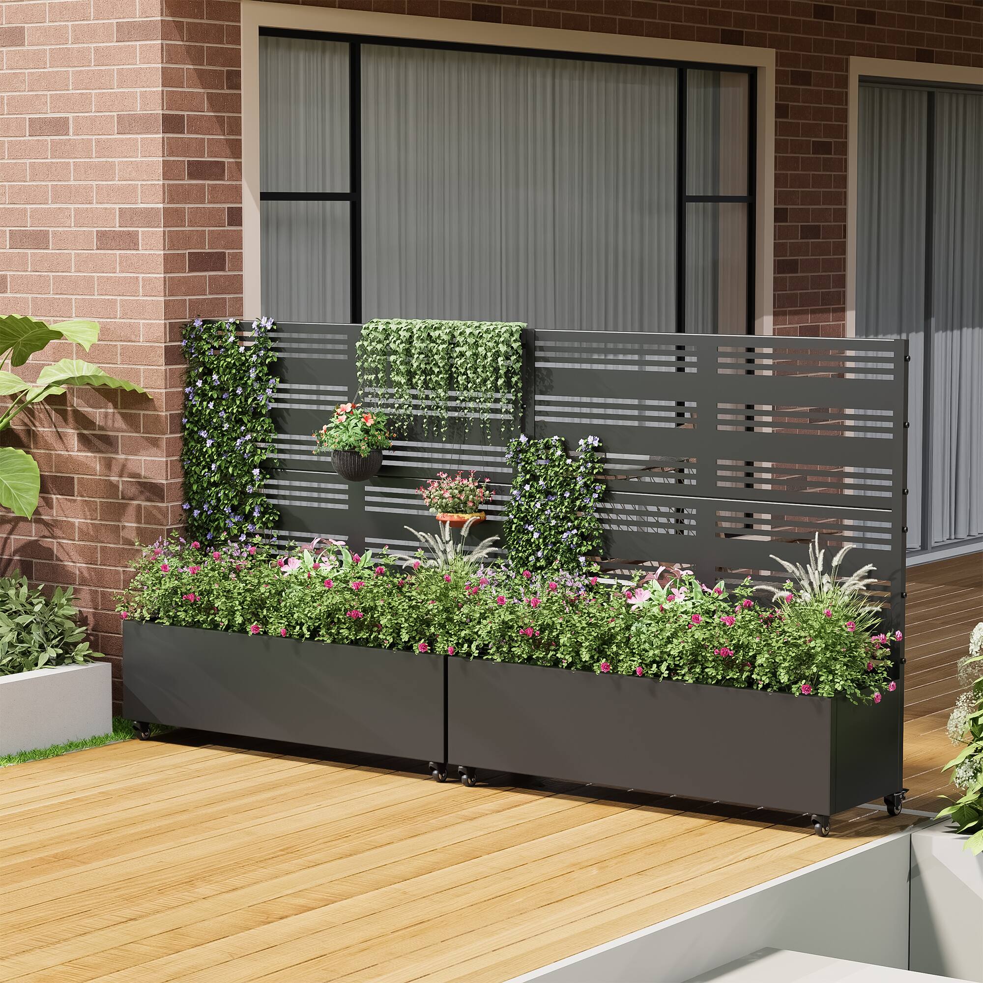 Alt View 2. PexFix - 47 in. H x 47 in. W Harold Pattern Rectangle Metal Planter Box Raised Garden Beds with Trellis-Ideal for Balcony - Black.