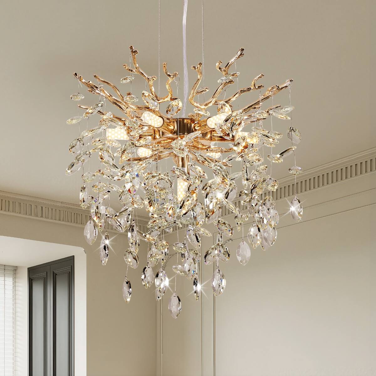 Front. Loheer - Loheer Modern Gold Crystal Chandelier, 7 Light Tree Branch Pendant for Dining Room.