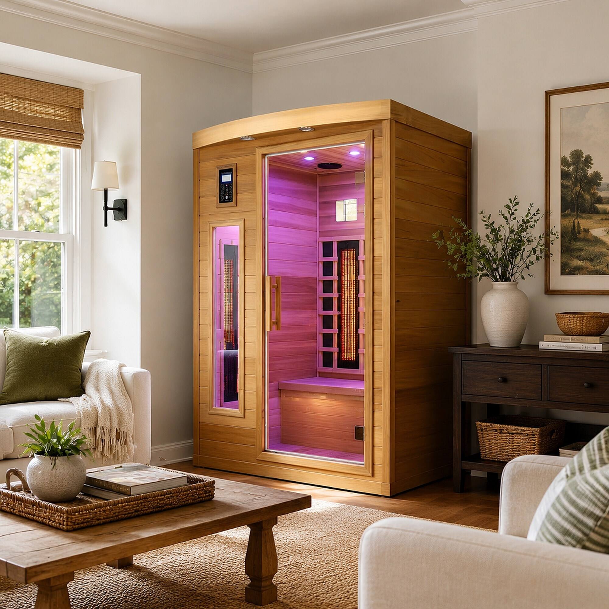 Alt View 1. RYHNUYNE - 2 Person Far Infrared Sauna, Low EMF, Red Cedar, Indoor, 47.2 in, 8 Heating Panels, Bluetooth, LED Lights - Natural Wood.