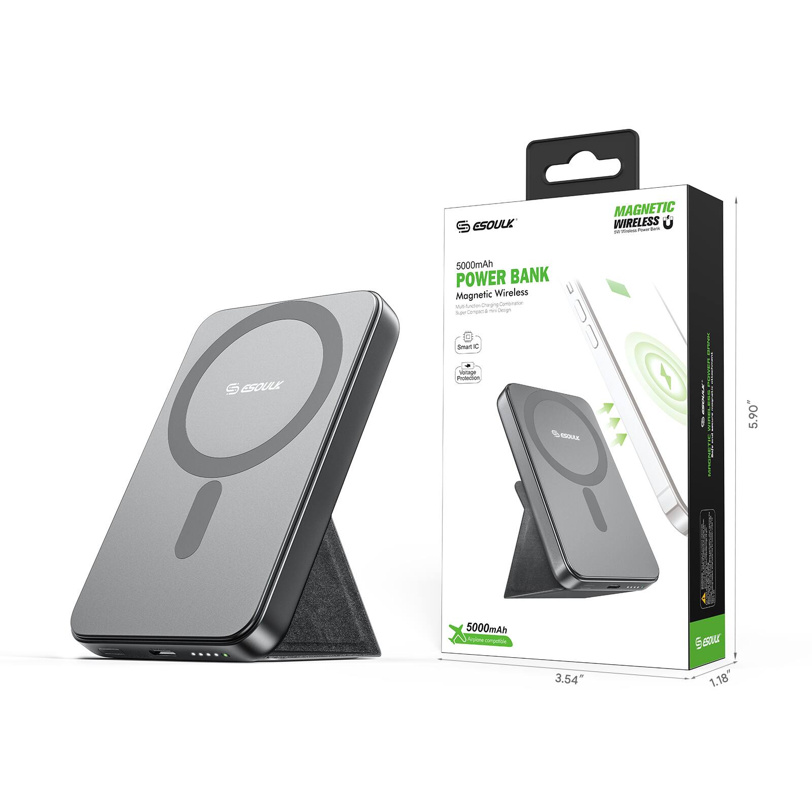 S ESOULK MAGNETIC WIRELESS - I - 5000mAh POWER BANK Magnetic Wireless Vua AMe unerar La sno - Smart & CL Foredo  TaSE T I I & SOLL I 5000mAh Anpione conoetion Gasur 3.54" 1,18 5.90