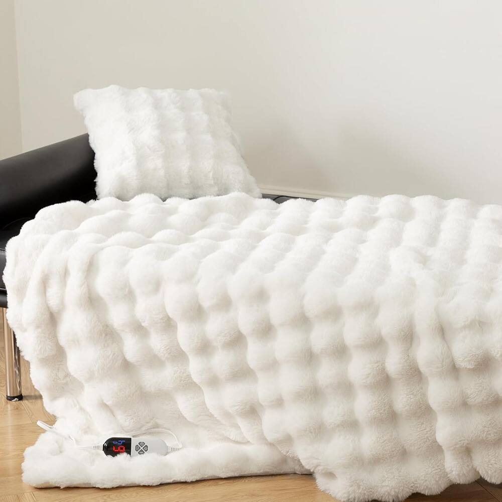 Front. MOSZAR LLC - Heated Throw Blanket – Fluffy Rabbit, 6 Heat Levels, White - white.
