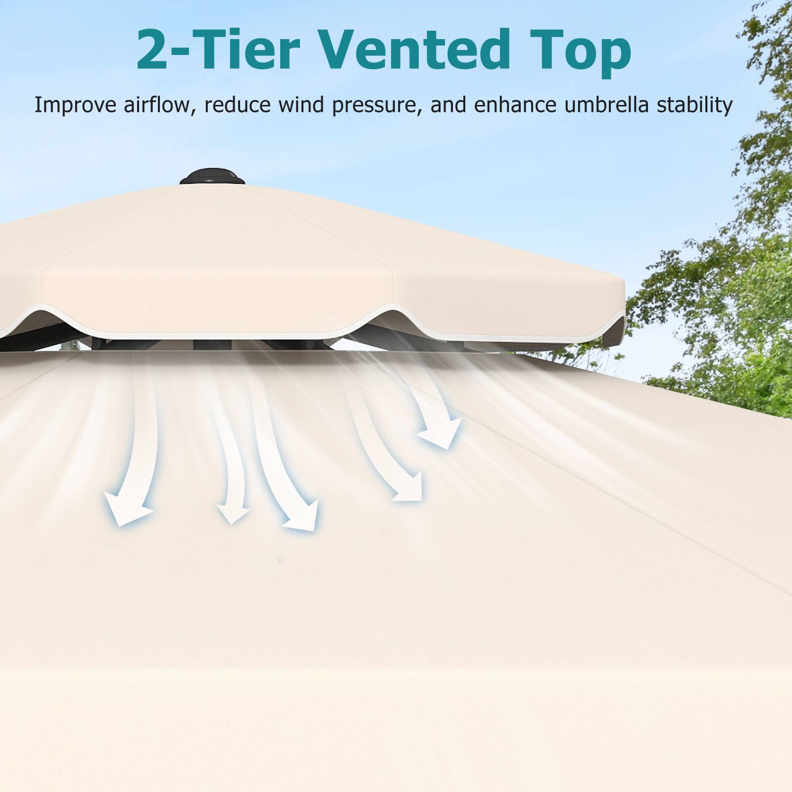 2-Tier Vented Top  
Improve airflow, reduce wind pressure, and enhance umbrella stability