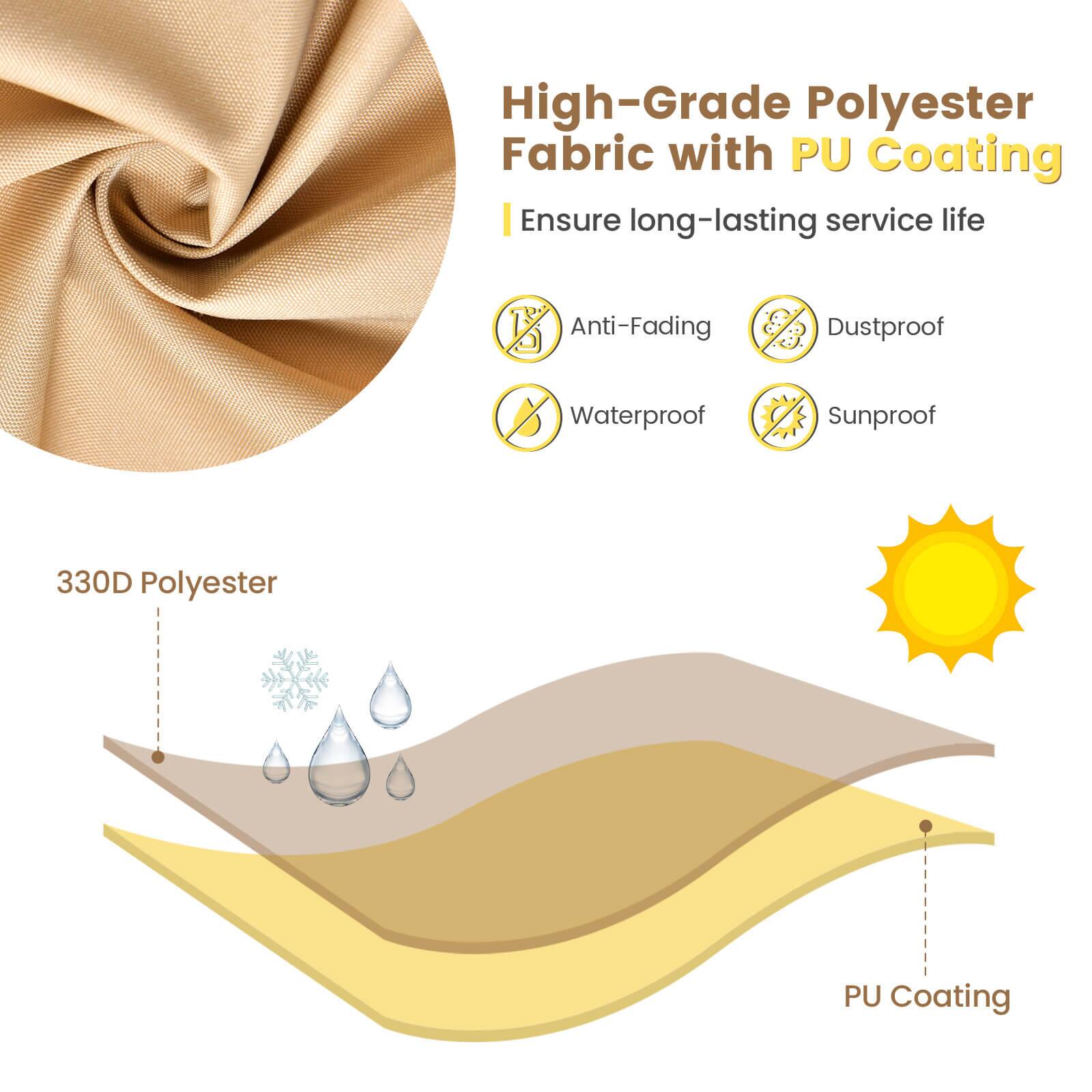 High-Grade Polyester Fabric with PU Coating  
Ensure long-lasting service life  

Anti-Fading  
Dustproof  
Waterproof  
Sunproof  

330D Polyester  
PU Coating
