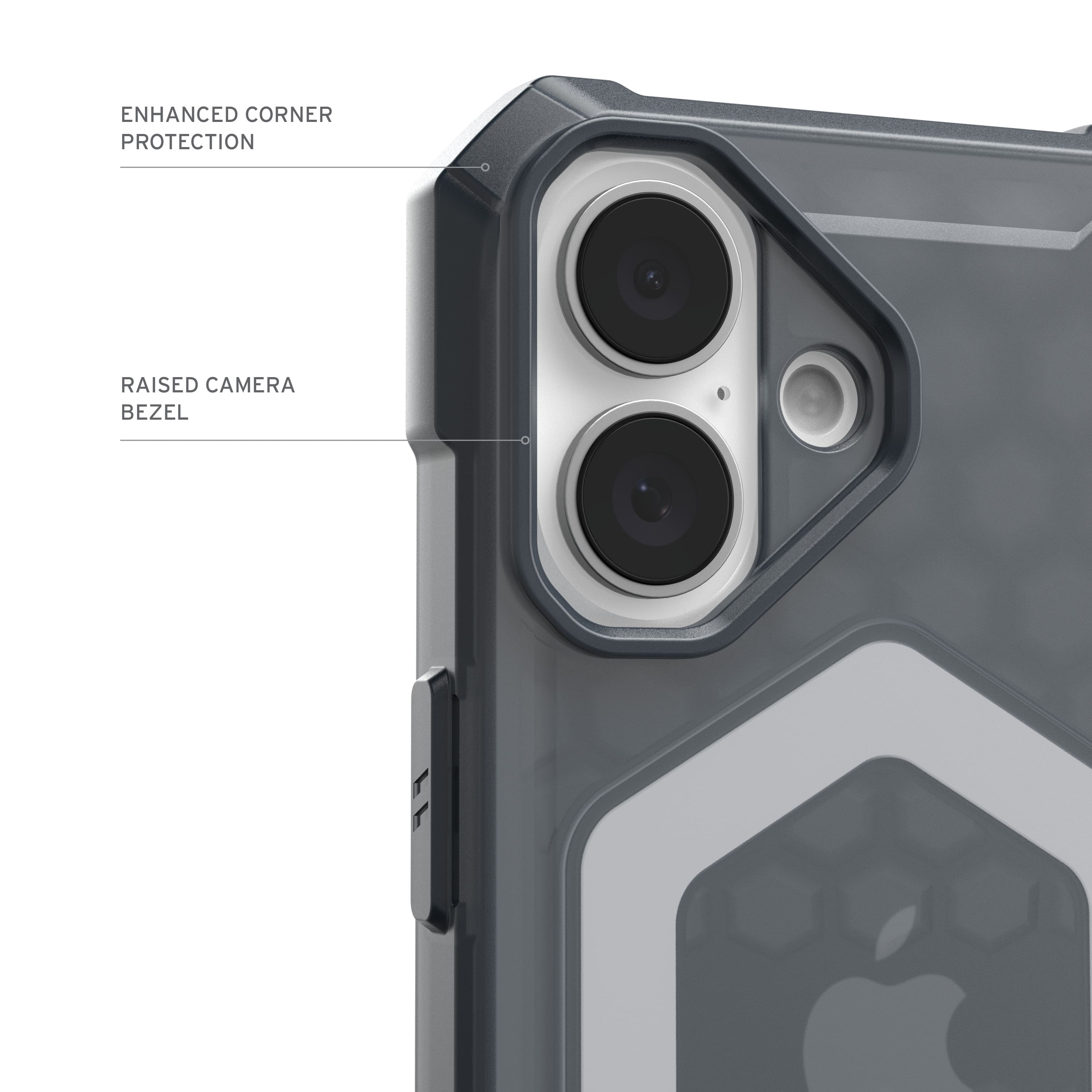 Enhanced corner protection, raised camera bezel.
