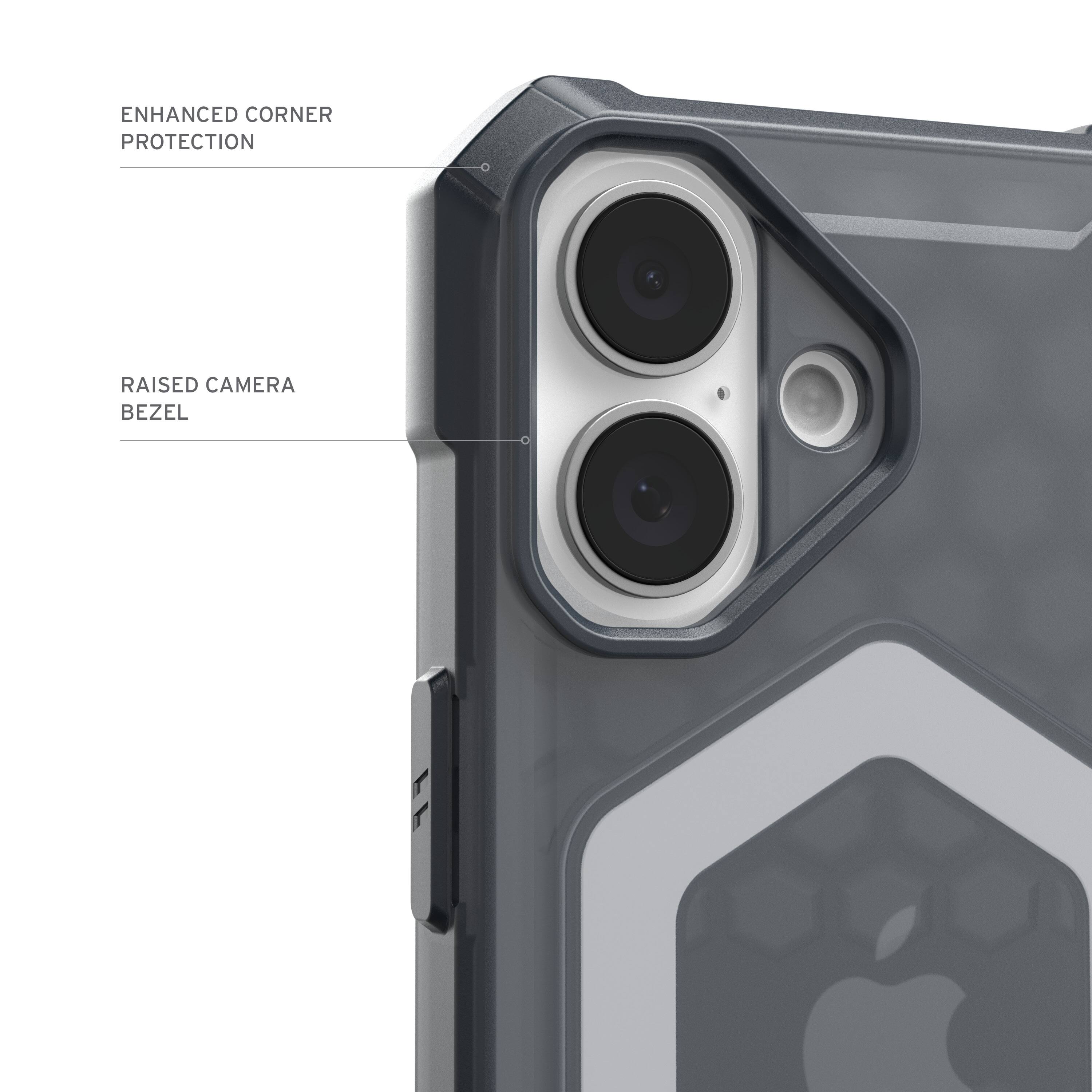 Enhanced corner protection, raised camera bezel.
