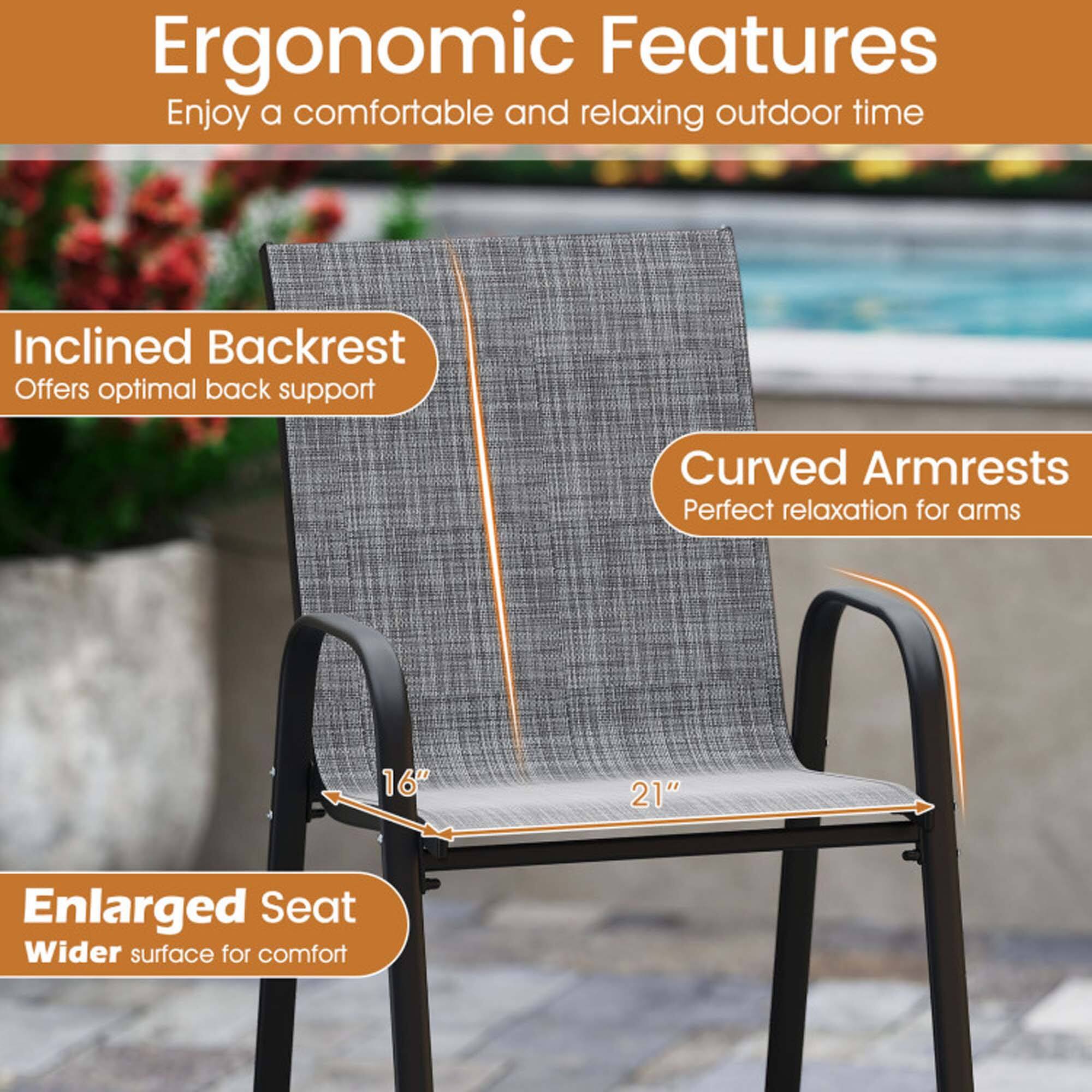 Ergonomic Features  
Enjoy a comfortable and relaxing outdoor time  

- Inclined Backrest  
  Offers optimal back support  

- Curved Armrests  
  Perfect relaxation for arms  

- Enlarged Seat  
  Wider surface for comfort  

16" x 21"
