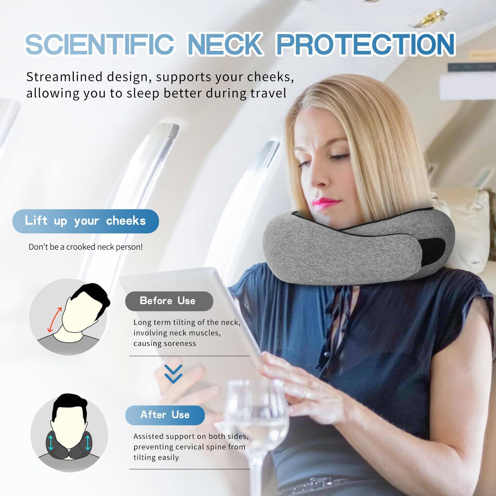 **SCIENTIFIC NECK PROTECTION**

Streamlined design, supports your cheeks, allowing you to sleep better during travel

**Lift up your cheeks**

Don't be a crooked neck person!

**Before Use**

Long term tilting of the neck, involving neck muscles, causing soreness

**After Use**

Assisted support on both sides, preventing cervical spine from tilting easily