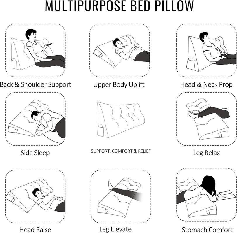 MULTIPURPOSE BED PILLOW

- Back & Shoulder Support
- Upper Body Uplift
- Head & Neck Prop
- Side Sleep
- SUPPORT, COMFORT & RELIEF
- Leg Relax
- Head Raise
- Leg Elevate
- Stomach Comfort