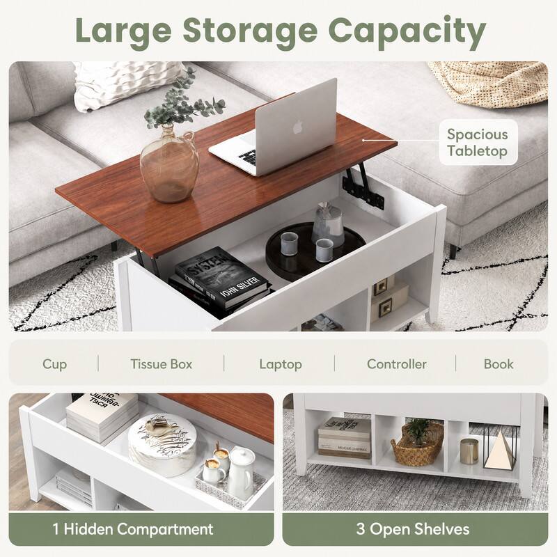 Large Storage Capacity  
Spacious Tabletop  
SYSTEM JOHN SILVER  
Cup  
Tissue Box  
Laptop  
Controller  
Book  
1 Hidden Compartment  
3 Open Shelves