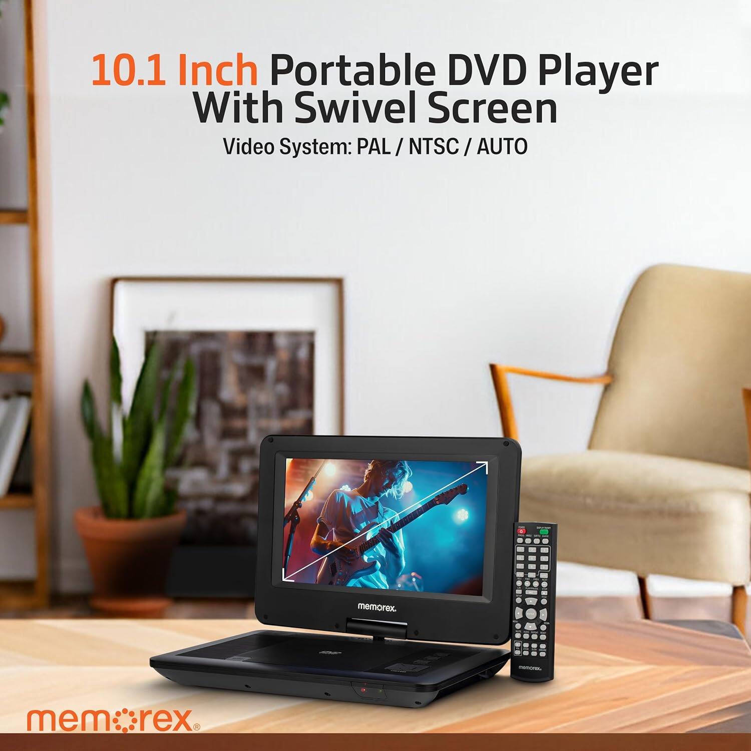 10.1 Inch Portable DVD Player With Swivel Screen  
Video System: PAL / NTSC / AUTO  

memorex