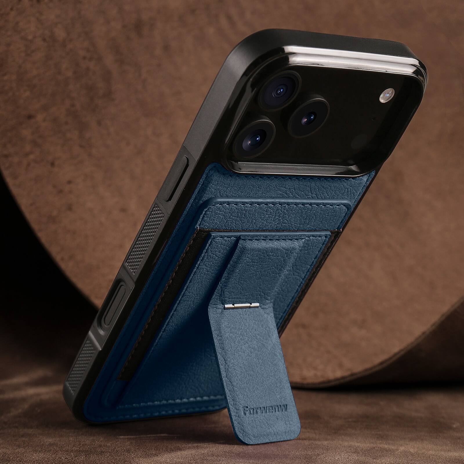 Angle. Dteck - Slim Card Holder Case for Apple iPhone 17 Pro, Shockproof Wallet Protective Cover with Kickstand - Blue.