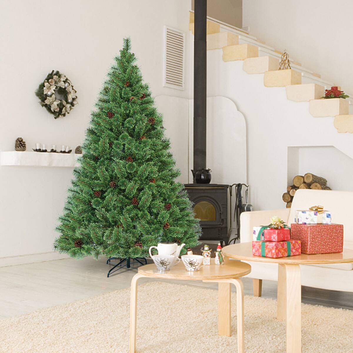 Alt View 1. Gymax - Gymax 6FT Pre-lit Flowering Artificial Green Hinged Christmas Tree PVC Pine Tree - Green.
