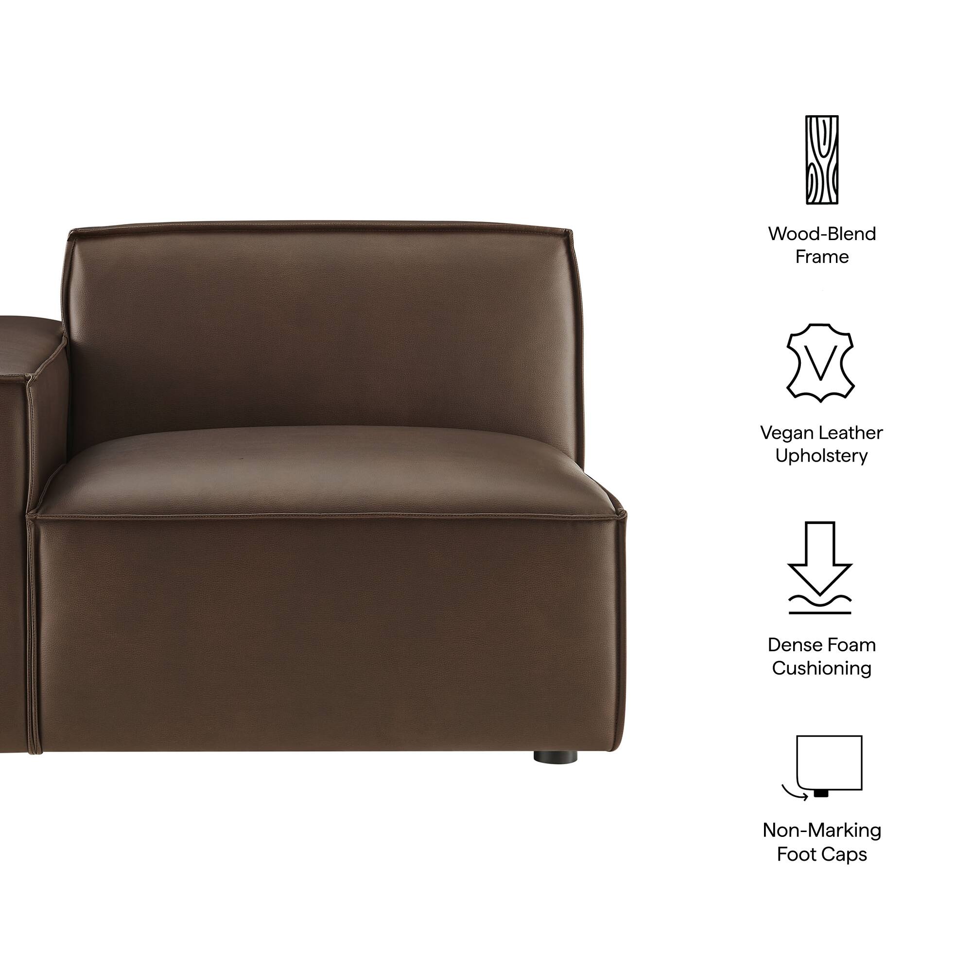 Wood-Blend Frame  
Vegan Leather Upholstery  
Dense Foam Cushioning  
Non-Marking Foot Caps