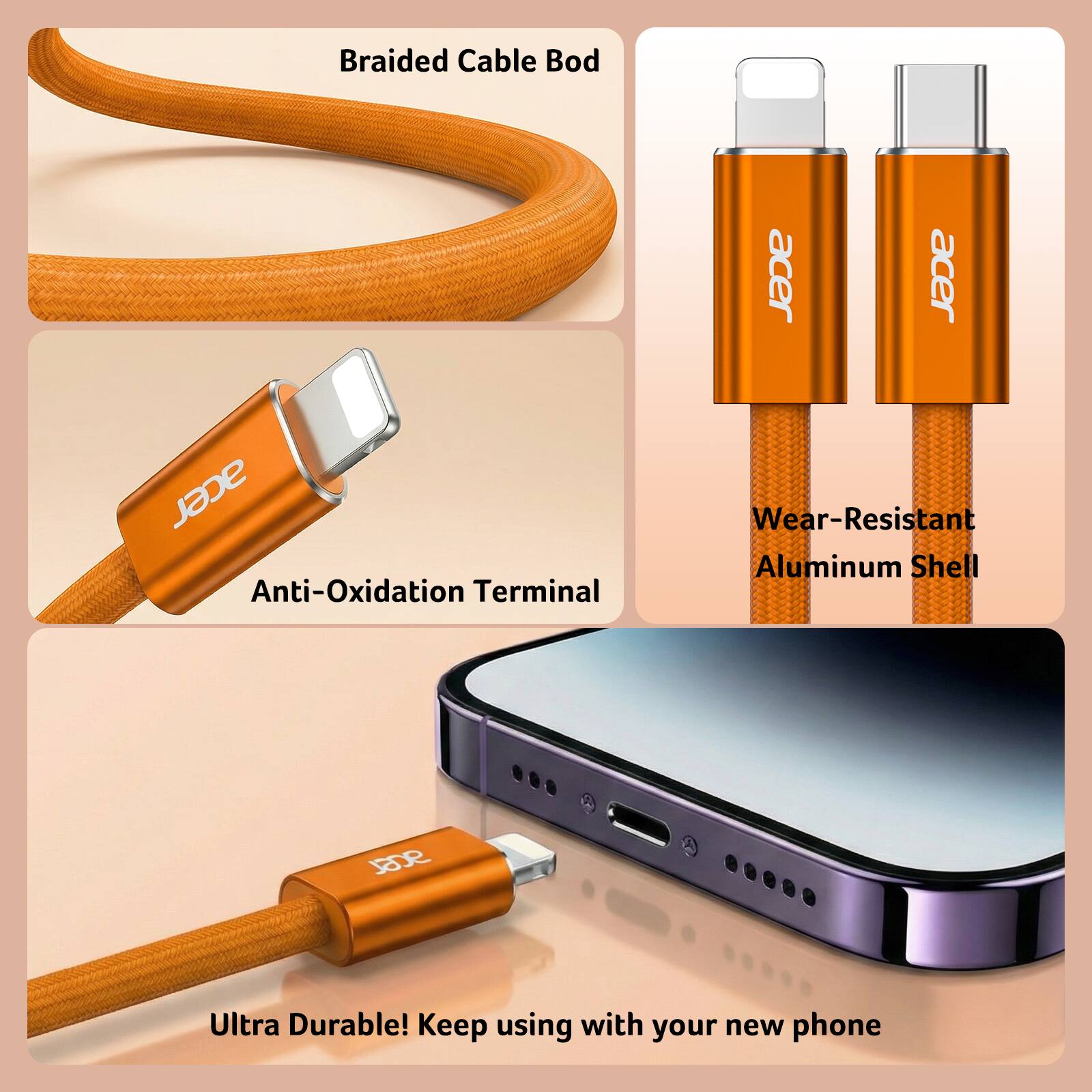 Acer - USB-C Charging Cable, 27W PD Fast Charging, Durable Braided Cord with 480Mbps Data Sync, Battery Protection - Orange price history on PriceWatchPro