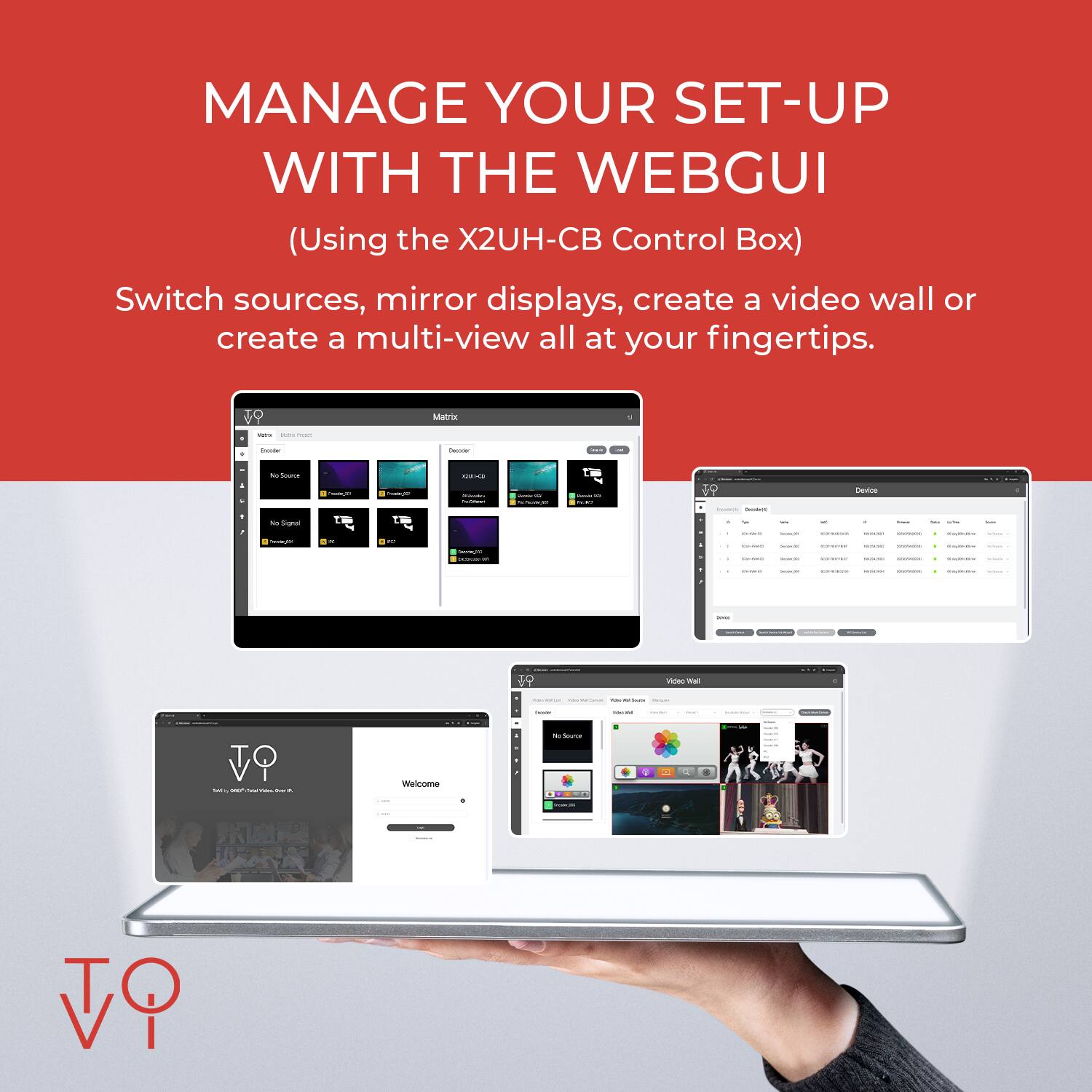 MANAGE YOUR SET-UP WITH THE WEBGUI  
(Using the X2UH-CB Control Box)  

Switch sources, mirror displays, create a video wall or create a multi-view all at your fingertips.