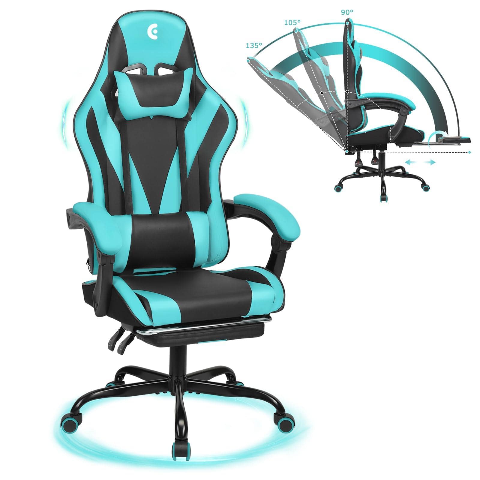 Hirose Alice - Gaming Chair with Linkage Armrest & Footrest, High Back Video Gaming Chair, /Light - Black/Light Blue
