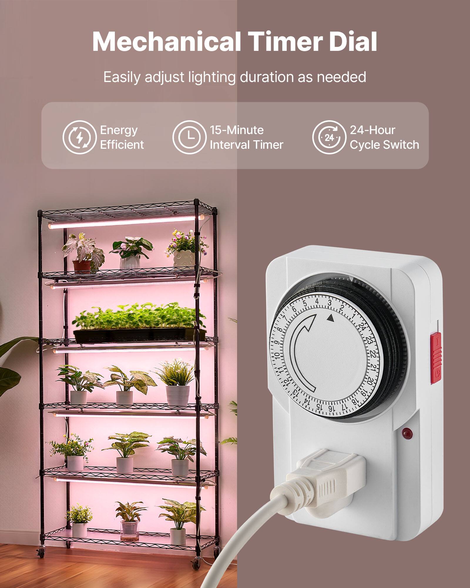 Mechanical Timer Dial  
Easily adjust lighting duration as needed  

Energy Efficient  
15-Minute Interval Timer  
24-Hour Cycle Switch  

5 4 3 2 1 24 23 22 21 20 19 18 17 16 15 14 13 12 11 10 9 8 7 6