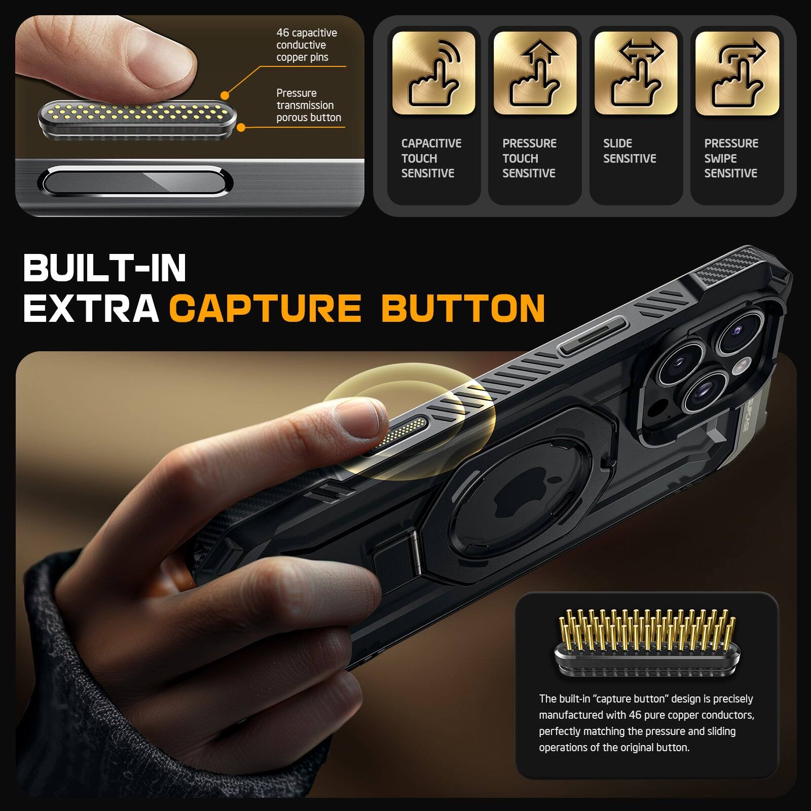 46 capacitive conductive copper pins Pressure transmission porous button CAPACITIVE TOUCH SENSITIVE PRESSURE TOUCH SENSITIVE SLIDE SENSITIVE PRESSURE SWIPE SENSITIVE BUILT-IN EXTRA CAPTURE BUTTON The built-in "capture button" design is precisely manufactured with 46 pure copper conductors, perfectly matching the pressure and sliding operations of the original button.