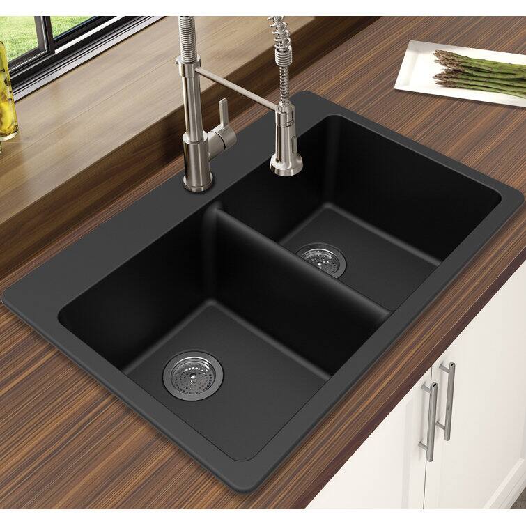 Angle. Winpro - Winpro Dual Mount Granite Composite 33 in. L x 22 in. L x 9.5 in. Double Equal Bowl Kitchen Sink in Black - Black.