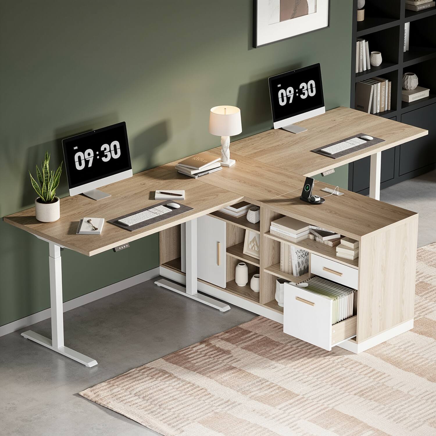 ModernMate - Home Office Furniture Set, 114" Standing Desk with 2 File Cabinets, AC/USB - Light Walnut