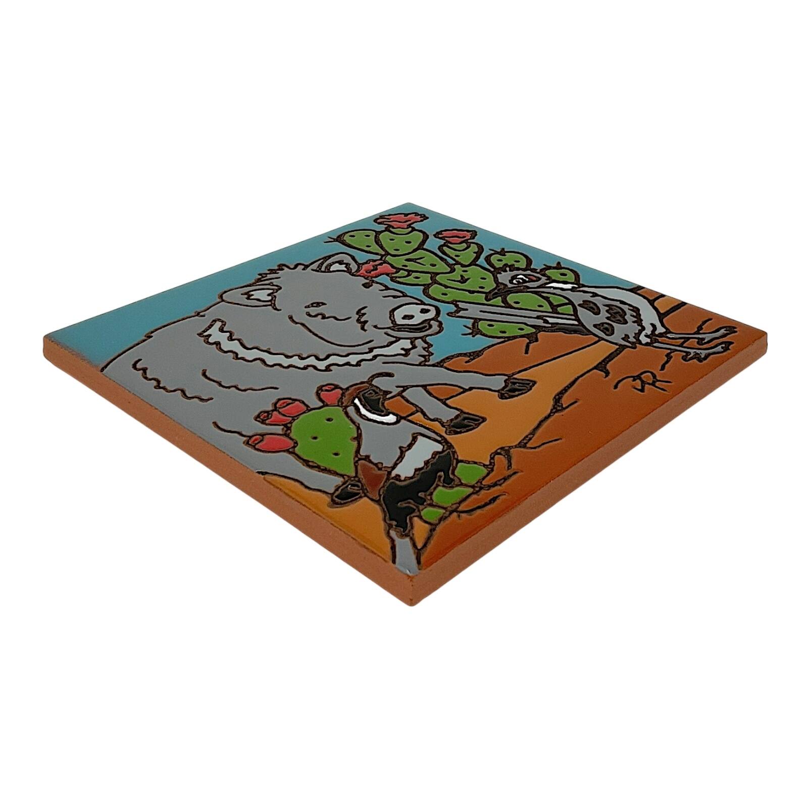 Angle. Earthtones Tile - Earthtones Friends of the Southwest Javelina Roadrunner and Quail 6X6 Hand Glazed Decorative Tile - Multicolor.
