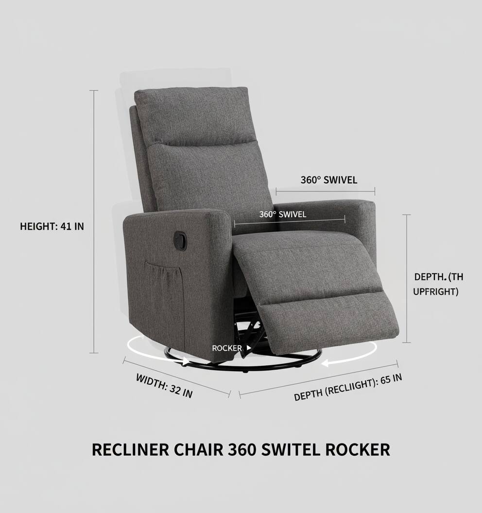 Sure, here is the corrected and grouped text from the image:

---

**RECLINER CHAIR 360 SWIVEL ROCKING CHAIR**

- **HEIGHT:** 41 IN
- **WIDTH:** 32 IN
- **DEPTH (TH UPFRIGHT):** (Depth when upright)
- **DEPTH (RECLINE):** 65 IN
- **360° SWIVEL**
- **ROCKER**

---