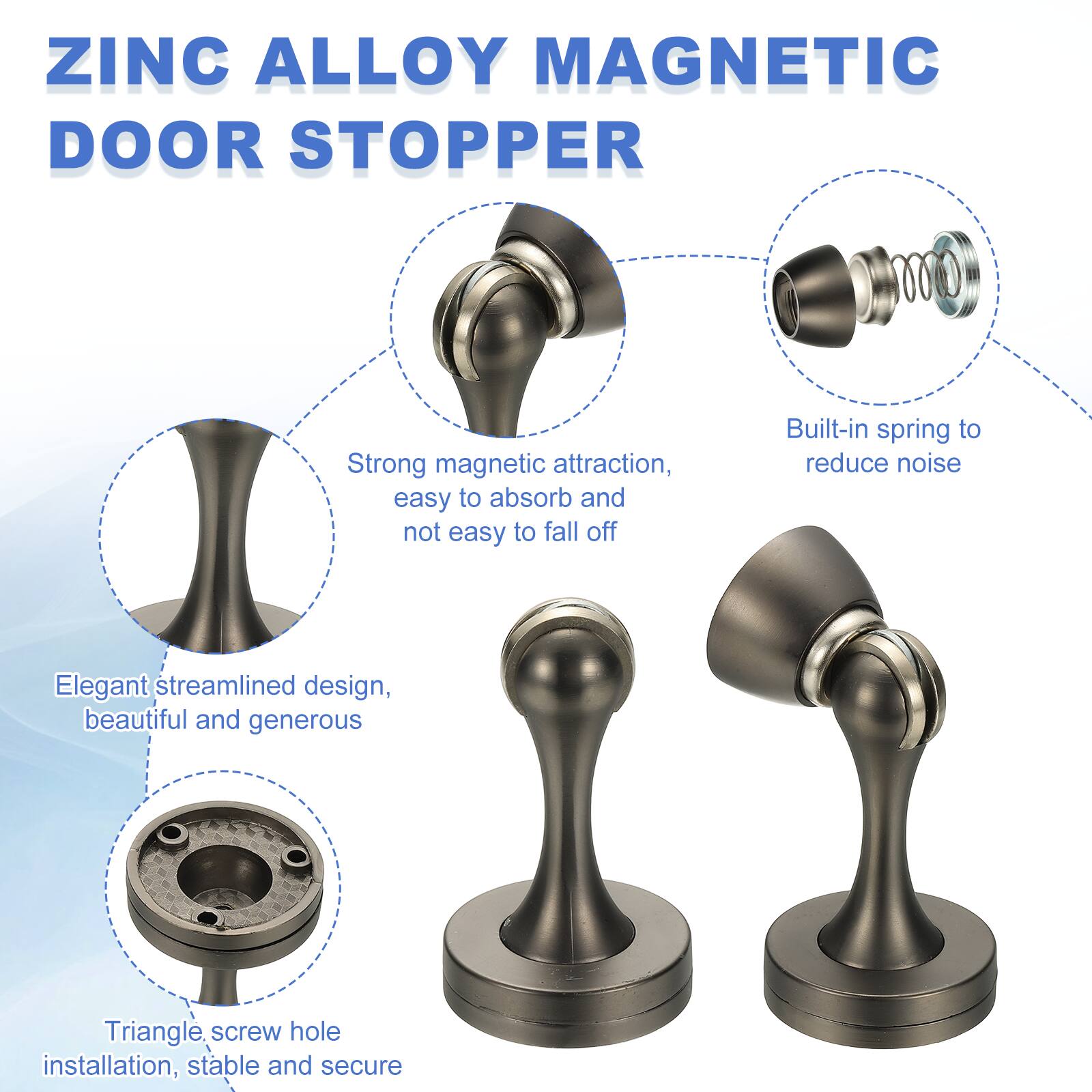 ZINC ALLOY MAGNETIC DOOR STOPPER

- Strong magnetic attraction, easy to absorb and not easy to fall off
- Built-in spring to reduce noise
- Elegant streamlined design, beautiful and generous
- Triangle screw hole installation, stable and secure