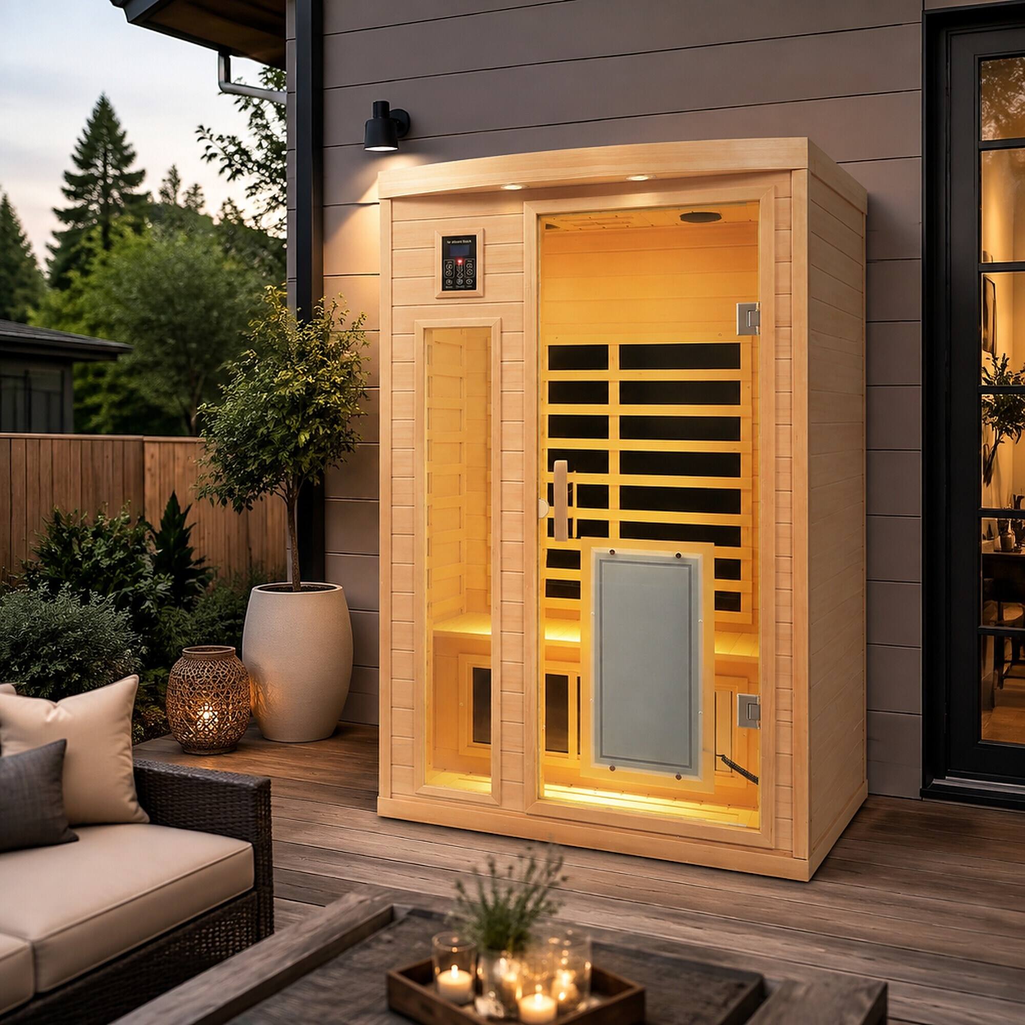 Angle. RYHNUYNE - Two Person Far Infrared Sauna, Hemlock Wood, Low EMF, 8 Heating Panels, 1750W, Bluetooth Audio, Indoor Use - Natural Wood.