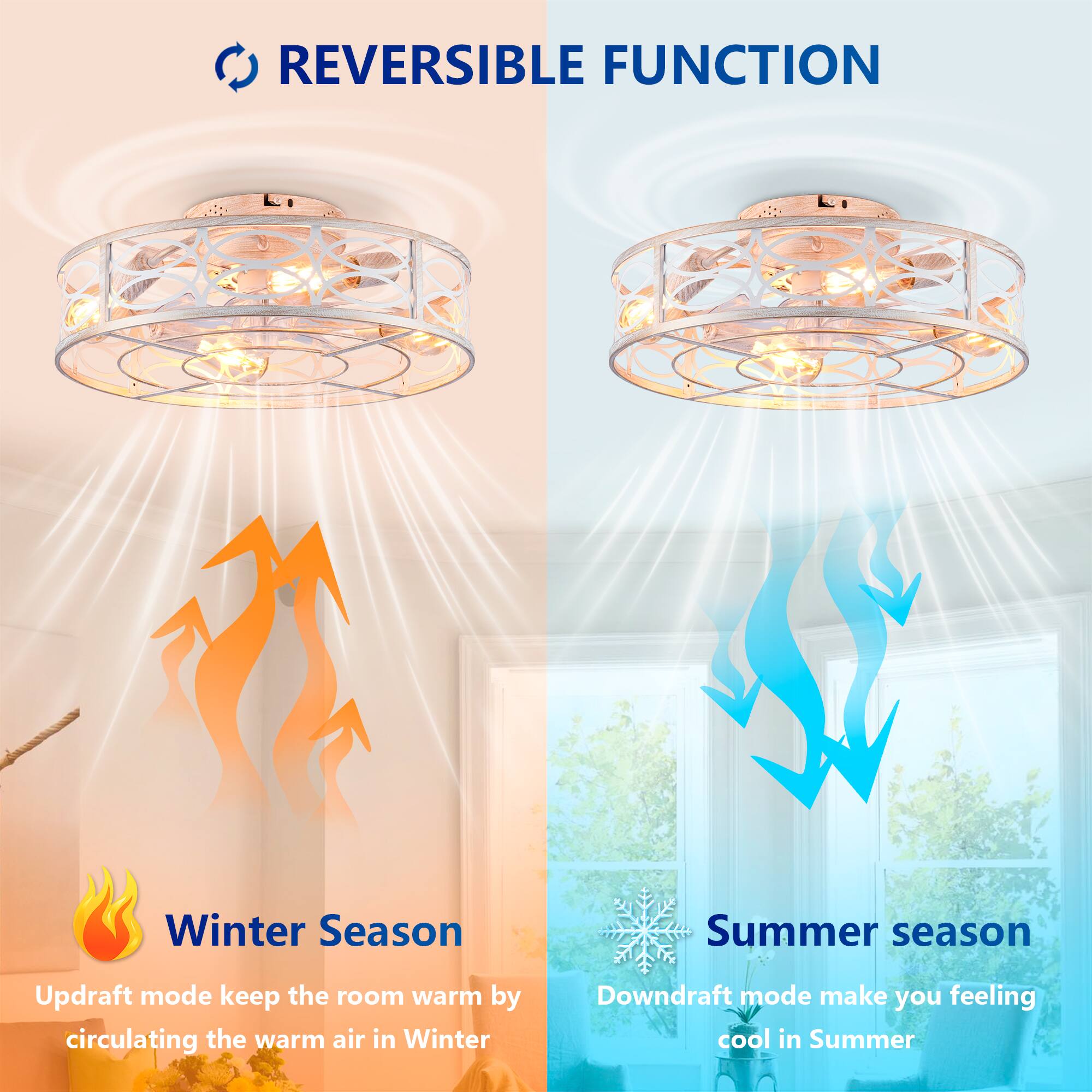 REVERSIBLE FUNCTION

Winter Season  
Updraft mode keeps the room warm by circulating the warm air in Winter

Summer Season  
Downdraft mode makes you feel cool in Summer