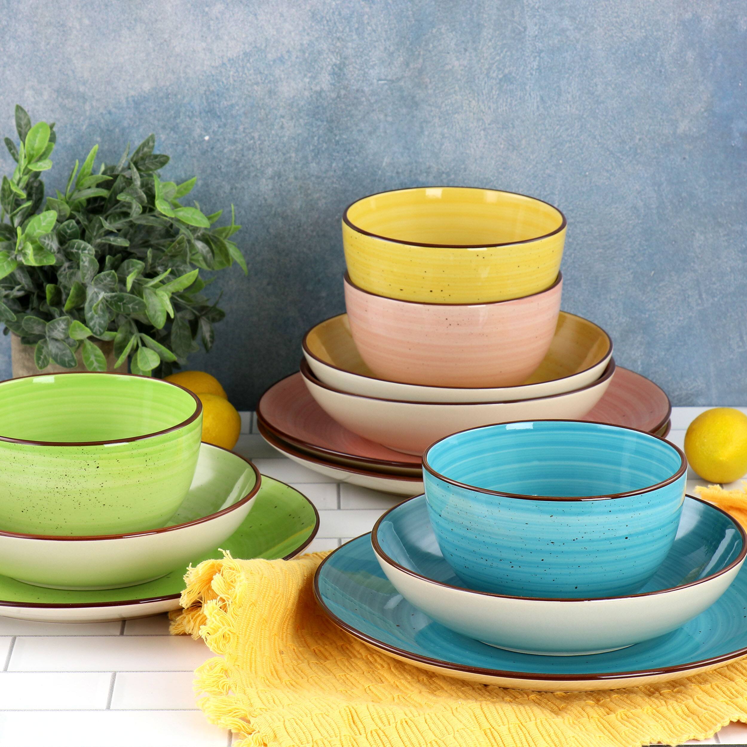 Alt View 6. Elama - Elama Hudson 12 Piece Double Bowl Stoneware Dinnerware Set in Assorted Colors - Yellow, Teal, Lime, Pink.