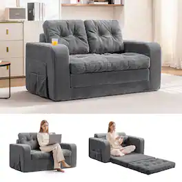 Brick Attic - 2 in 1 Folding Sofa Bed with Pillows, Pull Out Couch Loveseat Sleeper Bed with Cup Holder and Fixed-Shape Frame - Gray