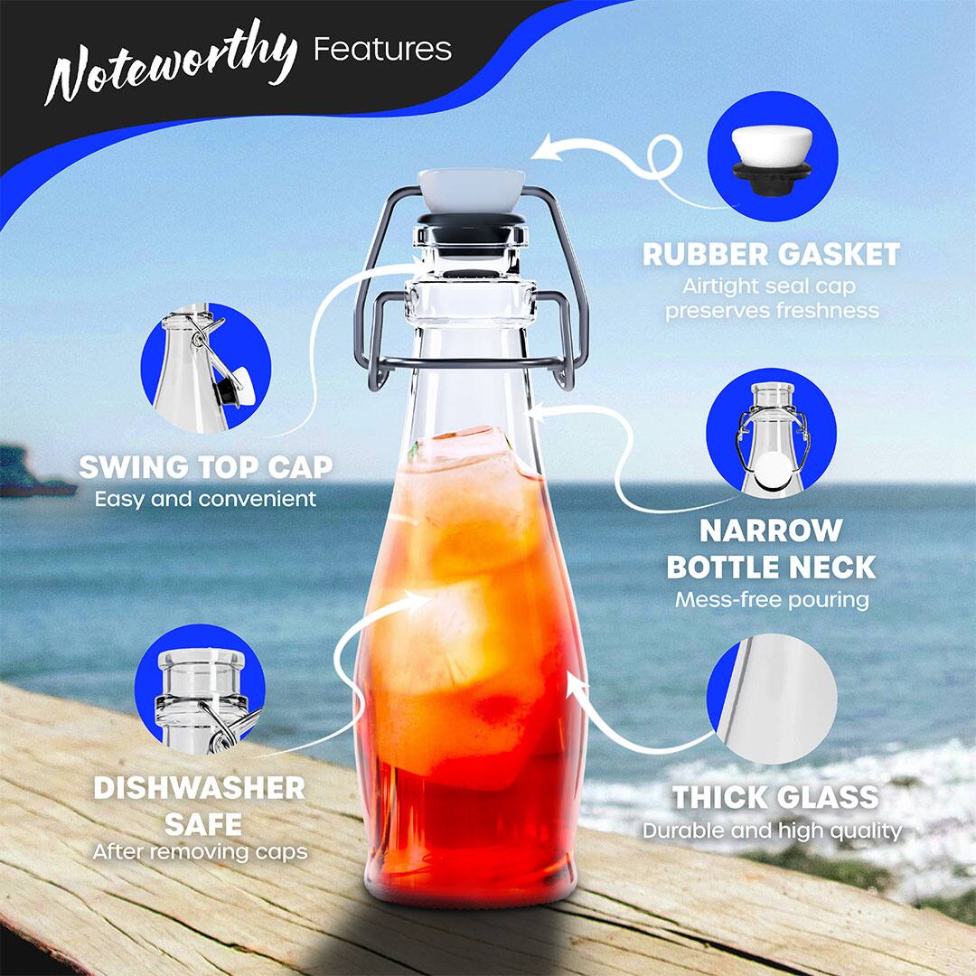 Noteworthy Features

- **RUBBER GASKET**  
  Airtight seal cap preserves freshness

- **SWING TOP CAP**  
  Easy and convenient

- **NARROW BOTTLE NECK**  
  Mess-free pouring

- **THICK GLASS**  
  Durable and high quality

- **DISHWASHER SAFE**  
  After removing caps
