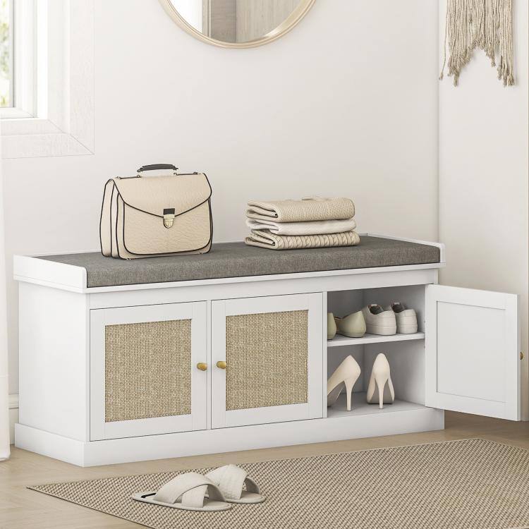 Alt View 1. PULUZ - Shoe Storage Bench with Woven Rattan Doors, Shoe Bench with Cushion, Adjustable Shelves, Entryway Bench - White.