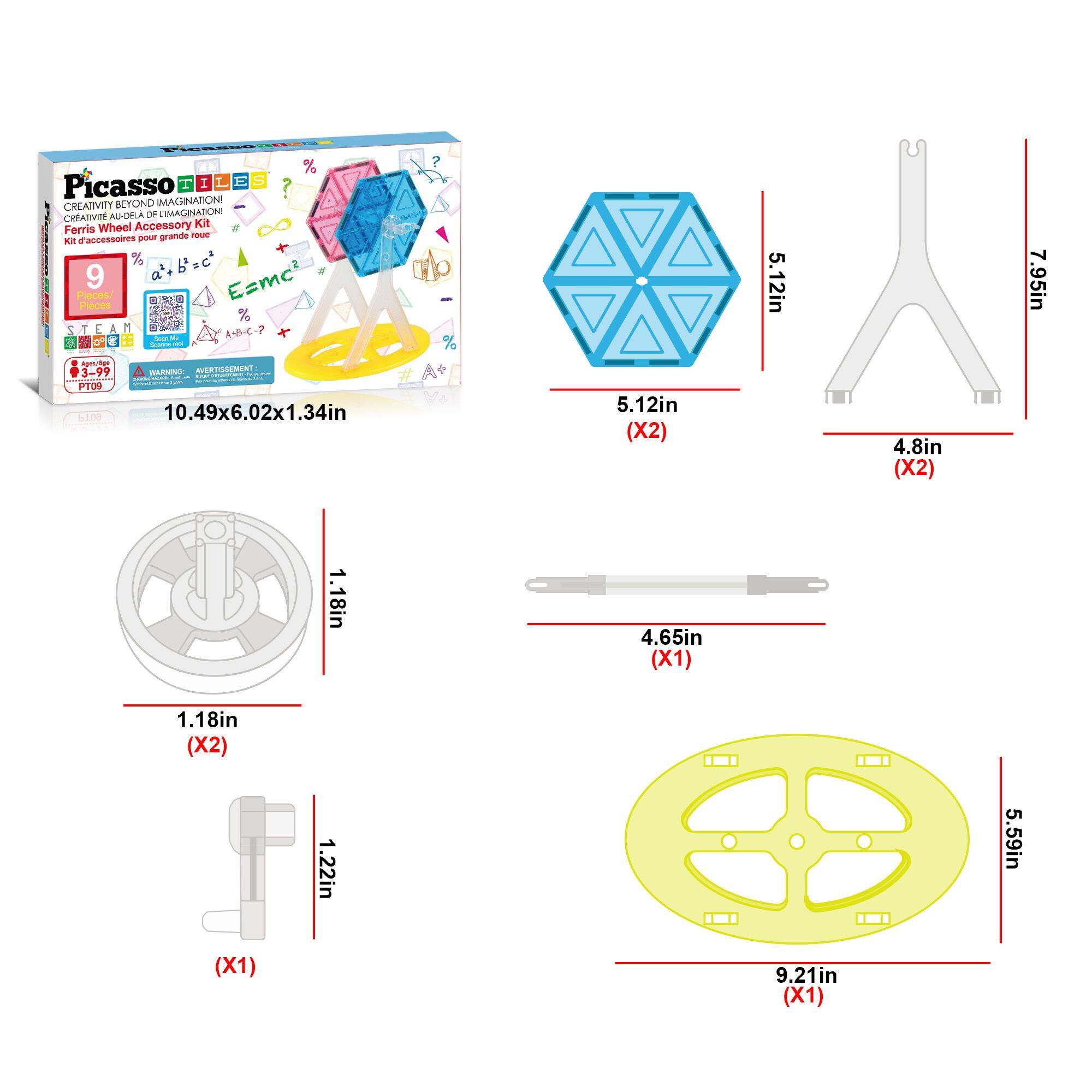 Picasso  
Creativity Beyond Imagination  
Créativité Au-Dela De L'Imagination  
Ferris Wheel Accessory Kit  
Kit d'accessoires pour grande roue  

9  
STEAM  
ALESNO  
PTU9  

10.49x6.02x1.34in  
5.12in (X2)  
4.8in (X2)  
7.95in  
4.65in (X1)  
1.18in (X2)  
1.22in (X1)  
9.21in (X1)