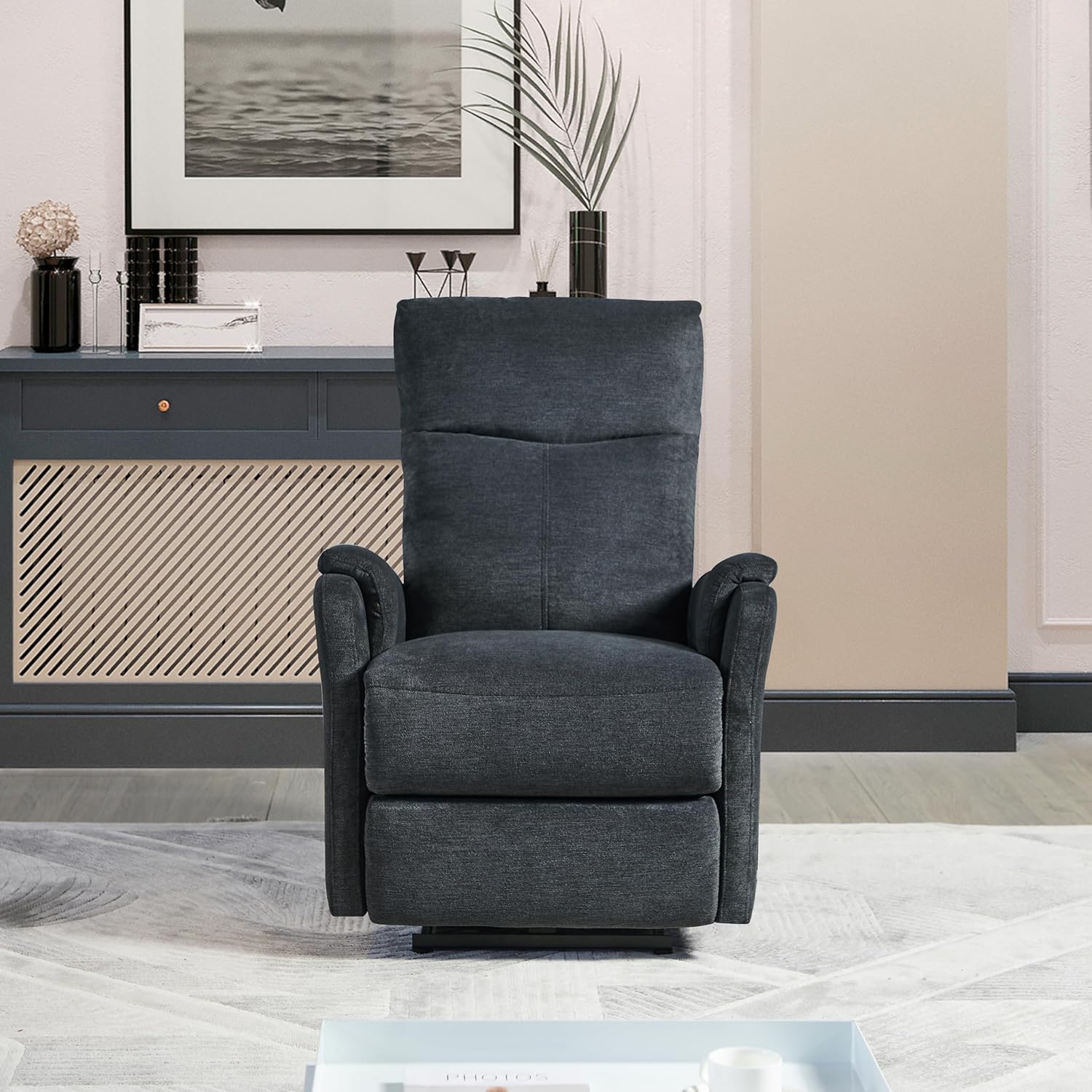 Left. TinyHomie - Modern Contemporary Power Recliner Blue with USB Charger - Black.