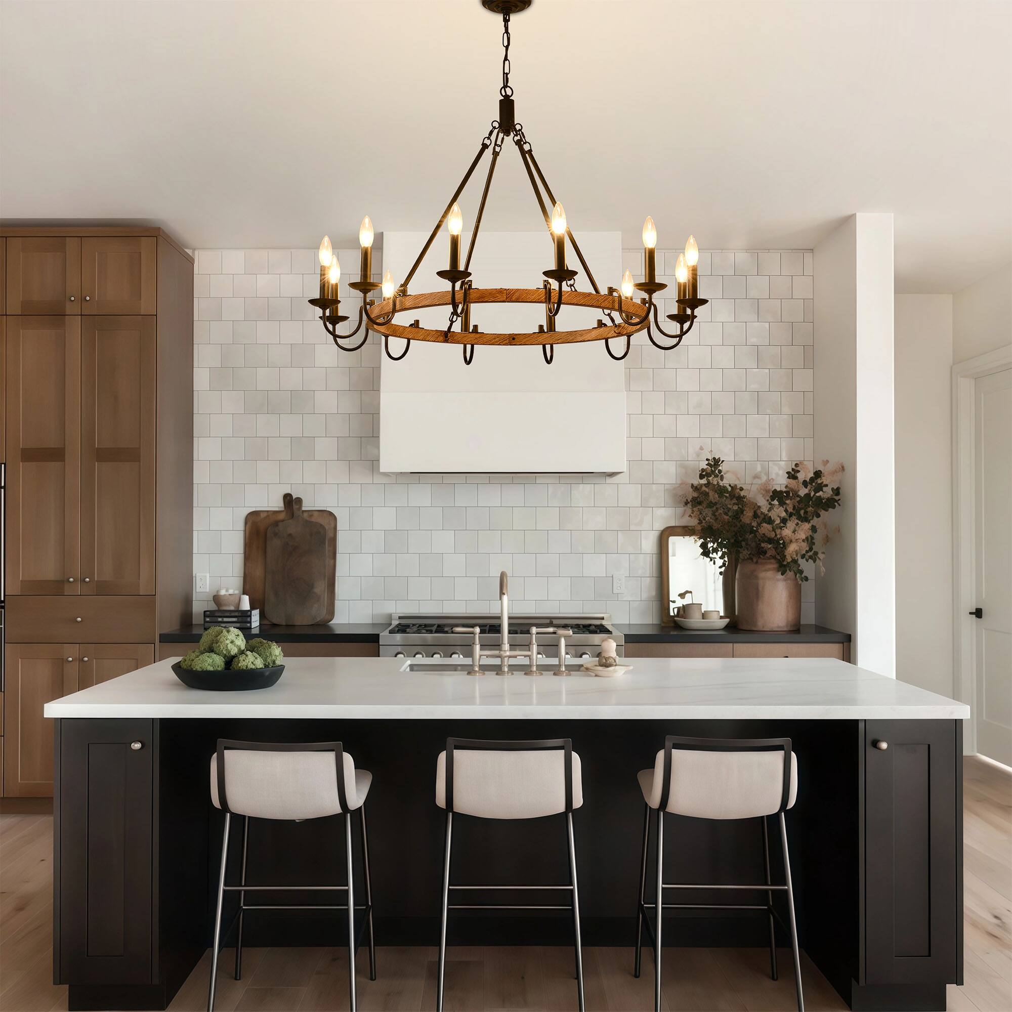 Left. RYHNUYNE - BAOURE 12-Light Rustic Wagon Wheel Chandelier,Farmhouse Dining Room Light Fixture,Round Wood Chandelier for Living Room - Black.