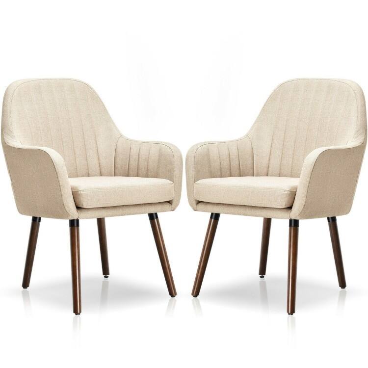 Angle. Hivvago - Set of 2 Retro Off-White Linen Upholstered Accent Chair with Stylish Wood Legs - Beige.